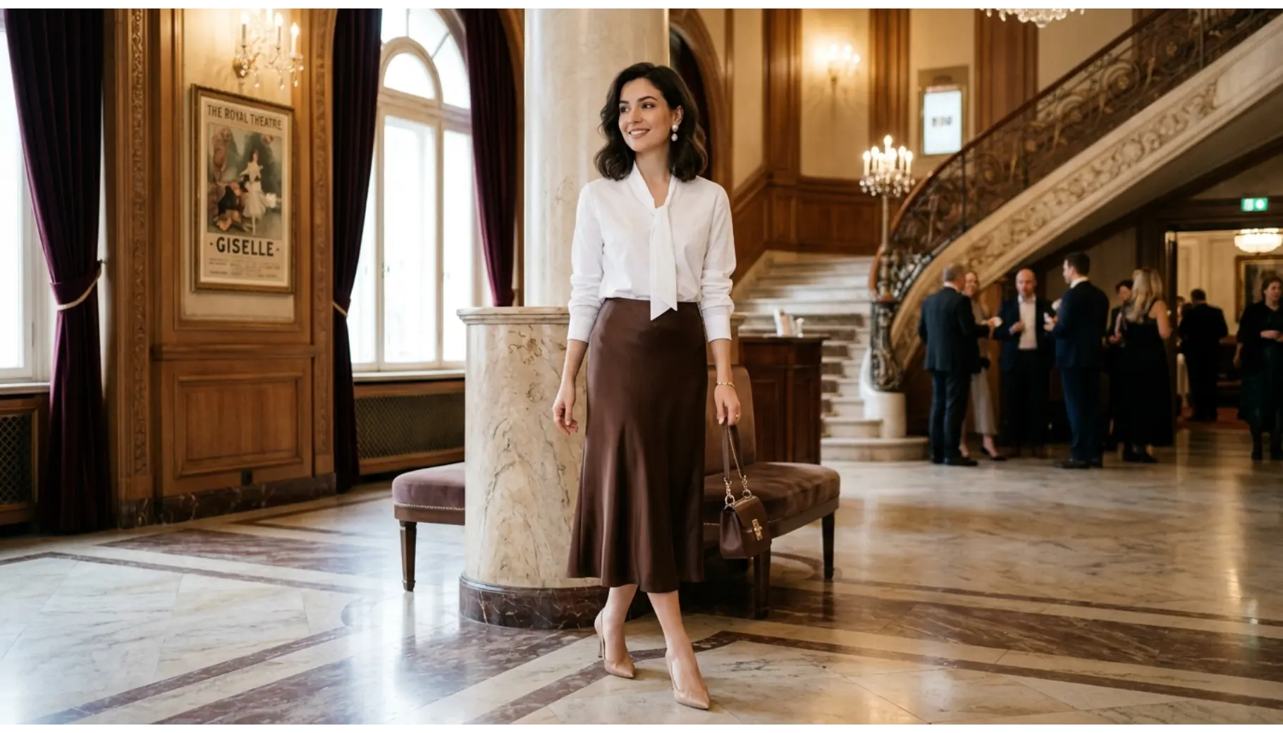 White Blouse and Chocolate Satin Skirt