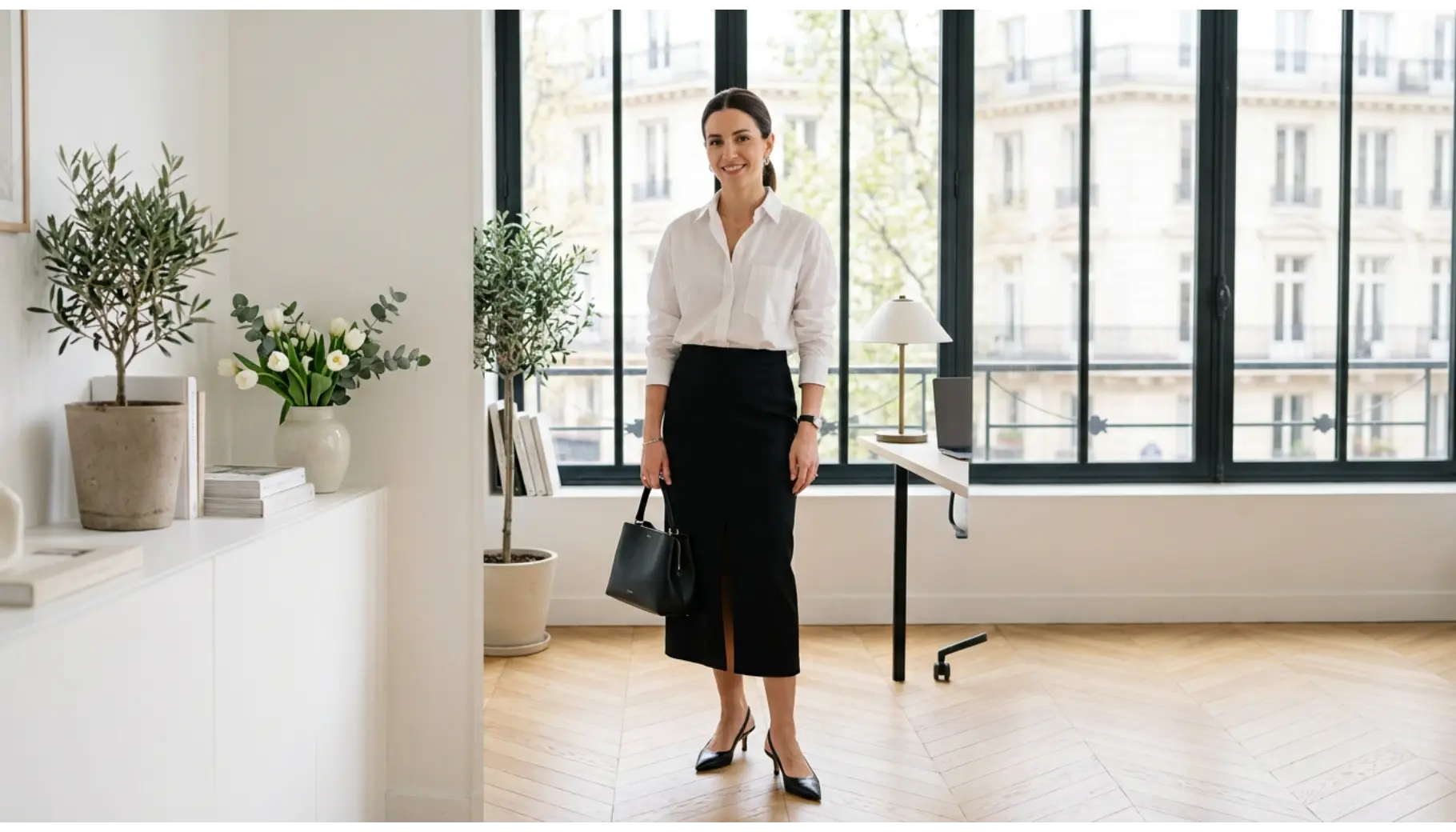 White Shirt With Black Midi Skirt